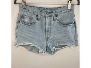 Levi's Premium Blue Light Wash Button Fly Cut Off Distressed Denim Shorts Sz 26